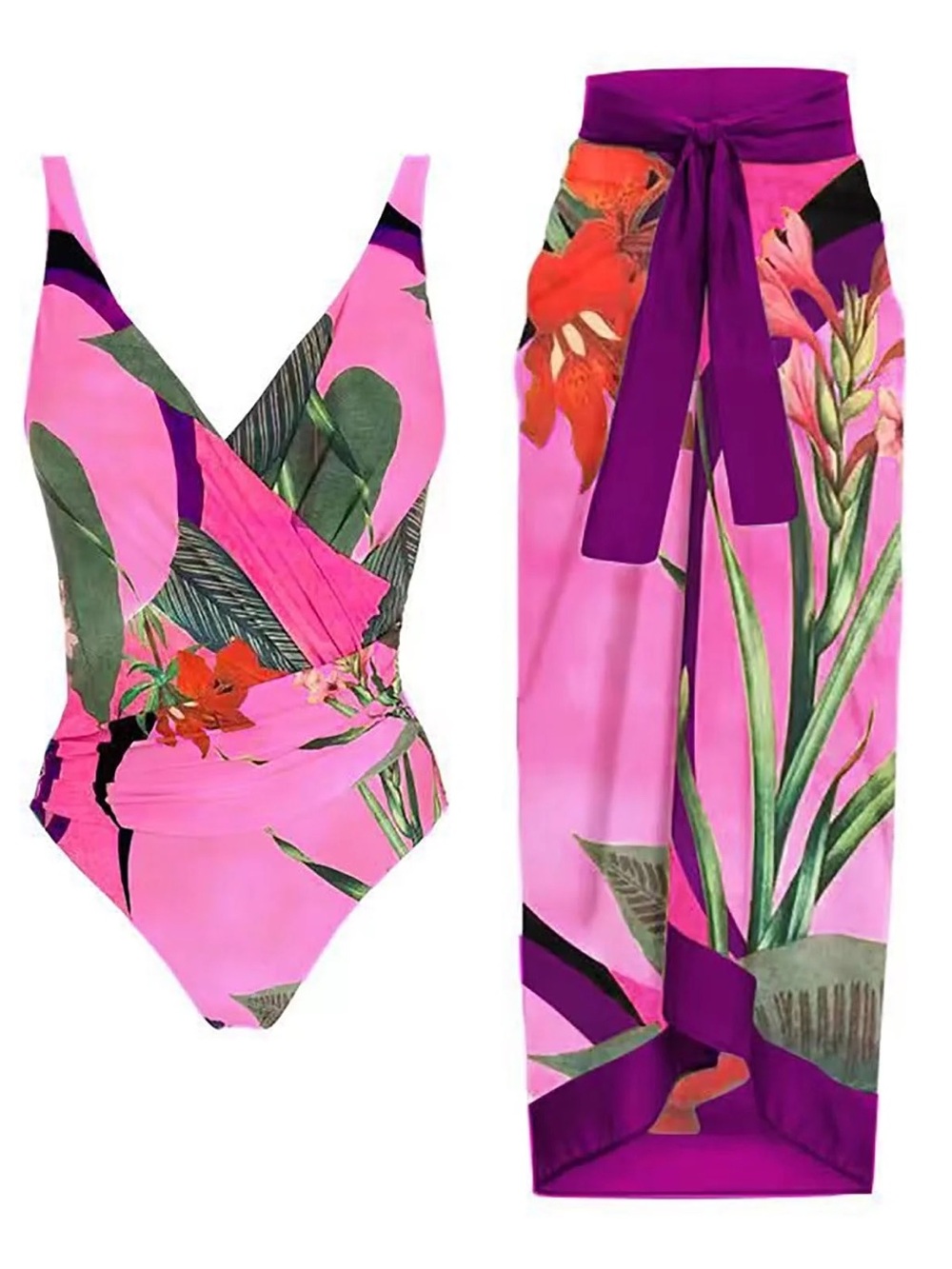 Pink Tropical Print women’s' One-Piece Swimsuit and Sarong